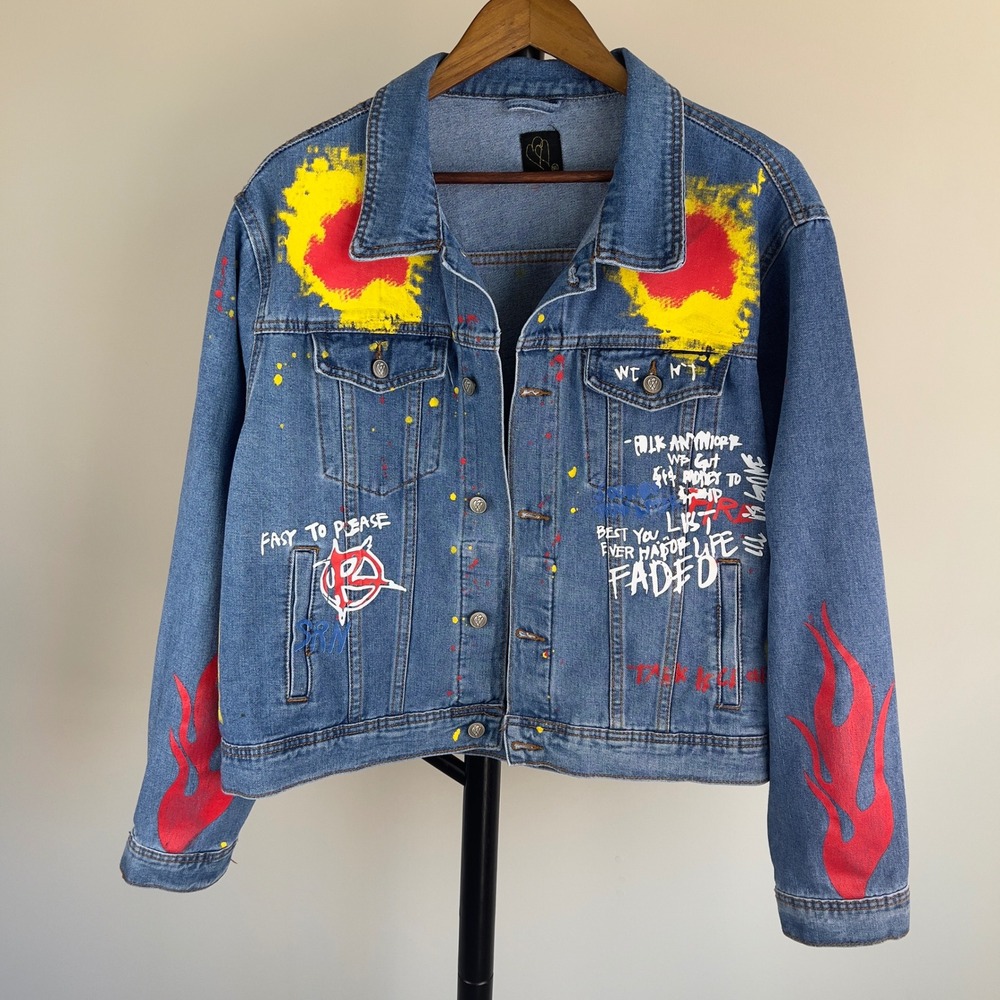 Custom Graffiti Hand Painted Denim Jacket 1XL Blue Flame Punk Streetwear Trucker